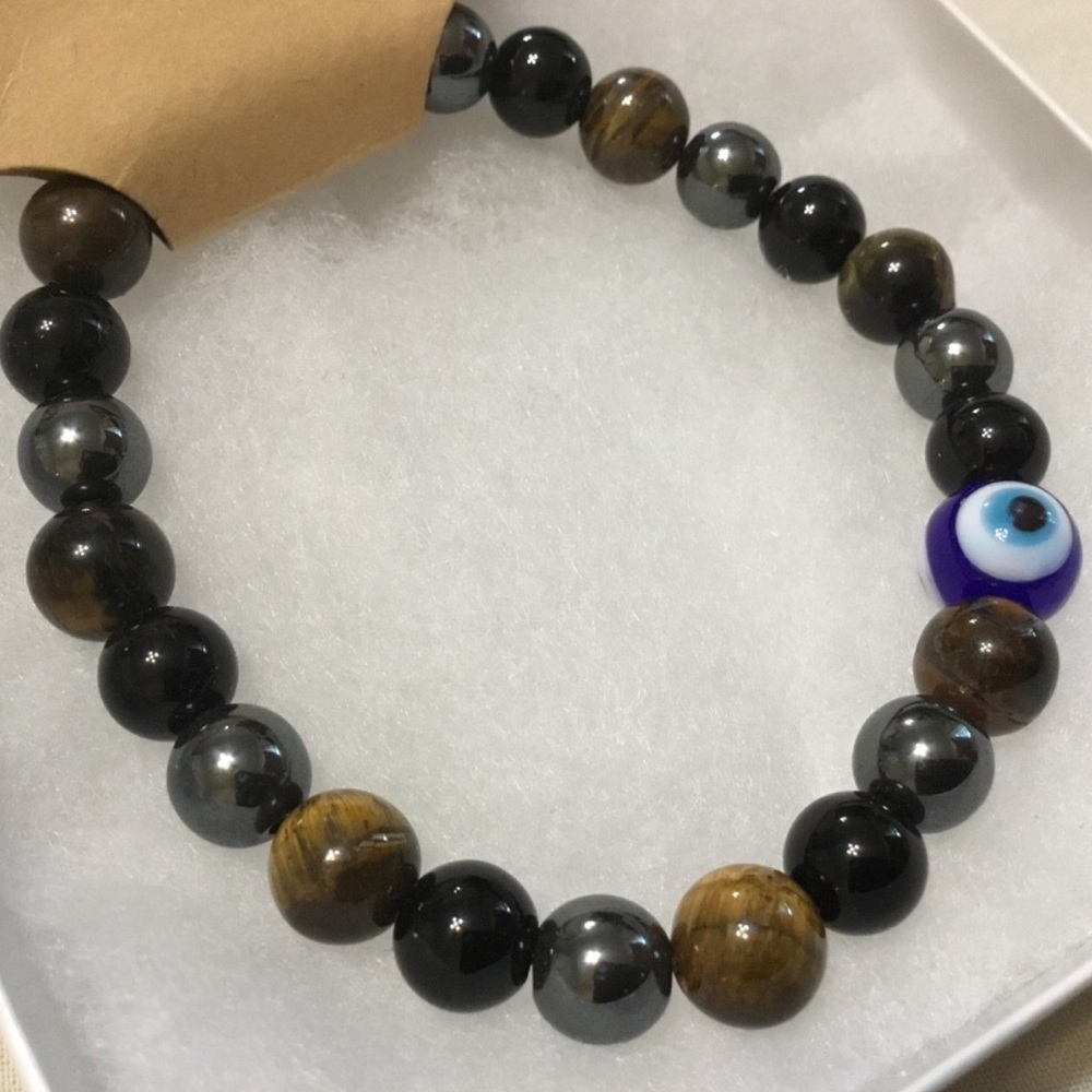 Natural Stone Bracelet Evil Eye Tiger Eye Black Obsidian Hematite